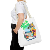 Load image into Gallery viewer, Life is Better in Flip Flops Tote Bag | Beach Lovers Gift, Summer Travel Accessory, Tropical Tote, Fun Vacation Bag, Beach Bag for Women
