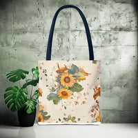 Load image into Gallery viewer, Whimsical Frog Guitarist Tote Bag - Vintage Style Sunflower Mushrooms Moon Phase Design, Music Lover Gift, Boho Chic Shoulder Bag, Nature
