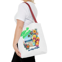 Load image into Gallery viewer, Life is Better in Flip Flops Tote Bag | Beach Lovers Gift, Summer Travel Accessory, Tropical Tote, Fun Vacation Bag, Beach Bag for Women
