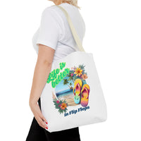 Load image into Gallery viewer, Life is Better in Flip Flops Tote Bag | Beach Lovers Gift, Summer Travel Accessory, Tropical Tote, Fun Vacation Bag, Beach Bag for Women
