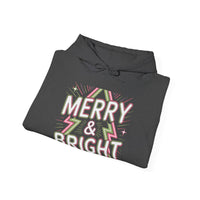 Load image into Gallery viewer, Merry &amp; Bright Retro Neon Hoodie - Glittery Christmas Design with Geometric Tree Pattern for Festive Vibes
