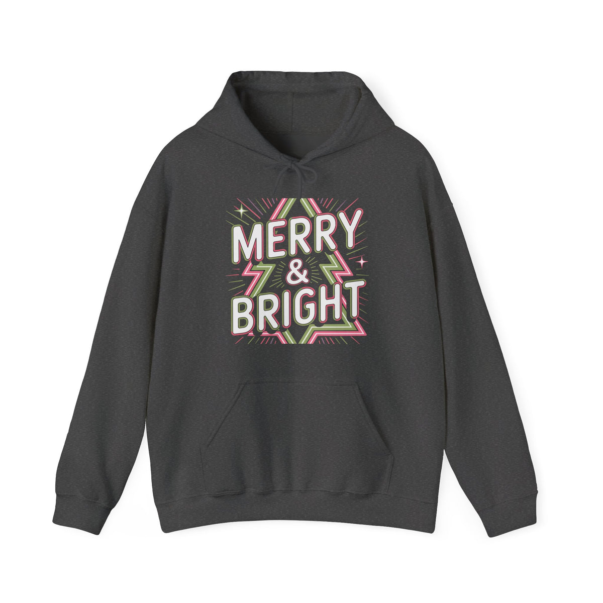 Merry & Bright Retro Neon Hoodie - Glittery Christmas Design with Geometric Tree Pattern for Festive Vibes