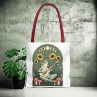 Load image into Gallery viewer, Whimsical Frog Guitarist Tote Bag - Vintage Style Sunflower Mushrooms Moon Phase Design, Music Lover Gift, Boho Chic Shoulder Bag, Nature
