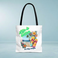 Load image into Gallery viewer, Life is Better in Flip Flops Tote Bag | Beach Lovers Gift, Summer Travel Accessory, Tropical Tote, Fun Vacation Bag, Beach Bag for Women
