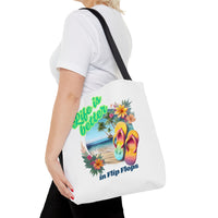 Load image into Gallery viewer, Life is Better in Flip Flops Tote Bag | Beach Lovers Gift, Summer Travel Accessory, Tropical Tote, Fun Vacation Bag, Beach Bag for Women

