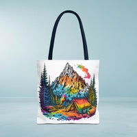 Load image into Gallery viewer, Vibrant Mountain Camping Tote Bag - Outdoor Adventure Travel Carryall, Nature Lover Shoulder Bag, Hiking Gear Tote, Wilderness Explorer
