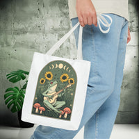Load image into Gallery viewer, Whimsical Frog Guitarist Tote Bag - Vintage Style Sunflower Mushrooms Moon Phase Design, Music Lover Gift, Boho Chic Shoulder Bag, Nature
