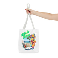 Load image into Gallery viewer, Life is Better in Flip Flops Tote Bag | Beach Lovers Gift, Summer Travel Accessory, Tropical Tote, Fun Vacation Bag, Beach Bag for Women
