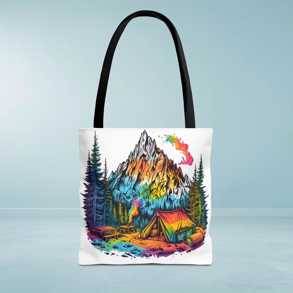 Vibrant Mountain Camping Tote Bag - Outdoor Adventure Travel Carryall, Nature Lover Shoulder Bag, Hiking Gear Tote, Wilderness Explorer