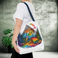 Load image into Gallery viewer, Vibrant Mountain Camping Tote Bag - Outdoor Adventure Travel Carryall, Nature Lover Shoulder Bag, Hiking Gear Tote, Wilderness Explorer
