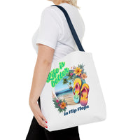Load image into Gallery viewer, Life is Better in Flip Flops Tote Bag | Beach Lovers Gift, Summer Travel Accessory, Tropical Tote, Fun Vacation Bag, Beach Bag for Women
