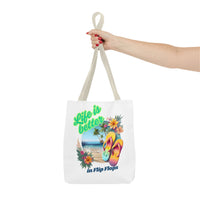 Load image into Gallery viewer, Life is Better in Flip Flops Tote Bag | Beach Lovers Gift, Summer Travel Accessory, Tropical Tote, Fun Vacation Bag, Beach Bag for Women
