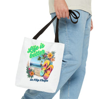 Load image into Gallery viewer, Life is Better in Flip Flops Tote Bag | Beach Lovers Gift, Summer Travel Accessory, Tropical Tote, Fun Vacation Bag, Beach Bag for Women
