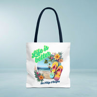 Load image into Gallery viewer, Life is Better in Flip Flops Tote Bag | Beach Lovers Gift, Summer Travel Accessory, Tropical Tote, Fun Vacation Bag, Beach Bag for Women
