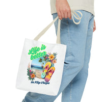 Load image into Gallery viewer, Life is Better in Flip Flops Tote Bag | Beach Lovers Gift, Summer Travel Accessory, Tropical Tote, Fun Vacation Bag, Beach Bag for Women

