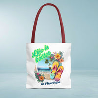 Load image into Gallery viewer, Life is Better in Flip Flops Tote Bag | Beach Lovers Gift, Summer Travel Accessory, Tropical Tote, Fun Vacation Bag, Beach Bag for Women
