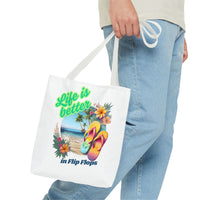 Load image into Gallery viewer, Life is Better in Flip Flops Tote Bag | Beach Lovers Gift, Summer Travel Accessory, Tropical Tote, Fun Vacation Bag, Beach Bag for Women
