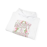Load image into Gallery viewer, Merry &amp; Bright Retro Neon Hoodie - Glittery Christmas Design with Geometric Tree Pattern for Festive Vibes
