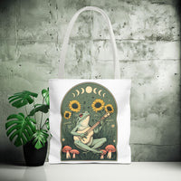 Load image into Gallery viewer, Whimsical Frog Guitarist Tote Bag - Vintage Style Sunflower Mushrooms Moon Phase Design, Music Lover Gift, Boho Chic Shoulder Bag, Nature
