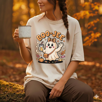 Load image into Gallery viewer, Cute Fall Tee – BOO-JEE Ghost Graphic – Spooky Season Apparel
