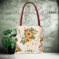 Load image into Gallery viewer, Whimsical Frog Guitarist Tote Bag - Vintage Style Sunflower Mushrooms Moon Phase Design, Music Lover Gift, Boho Chic Shoulder Bag, Nature
