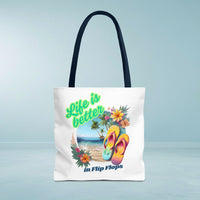 Load image into Gallery viewer, Life is Better in Flip Flops Tote Bag | Beach Lovers Gift, Summer Travel Accessory, Tropical Tote, Fun Vacation Bag, Beach Bag for Women
