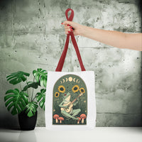Load image into Gallery viewer, Whimsical Frog Guitarist Tote Bag - Vintage Style Sunflower Mushrooms Moon Phase Design, Music Lover Gift, Boho Chic Shoulder Bag, Nature

