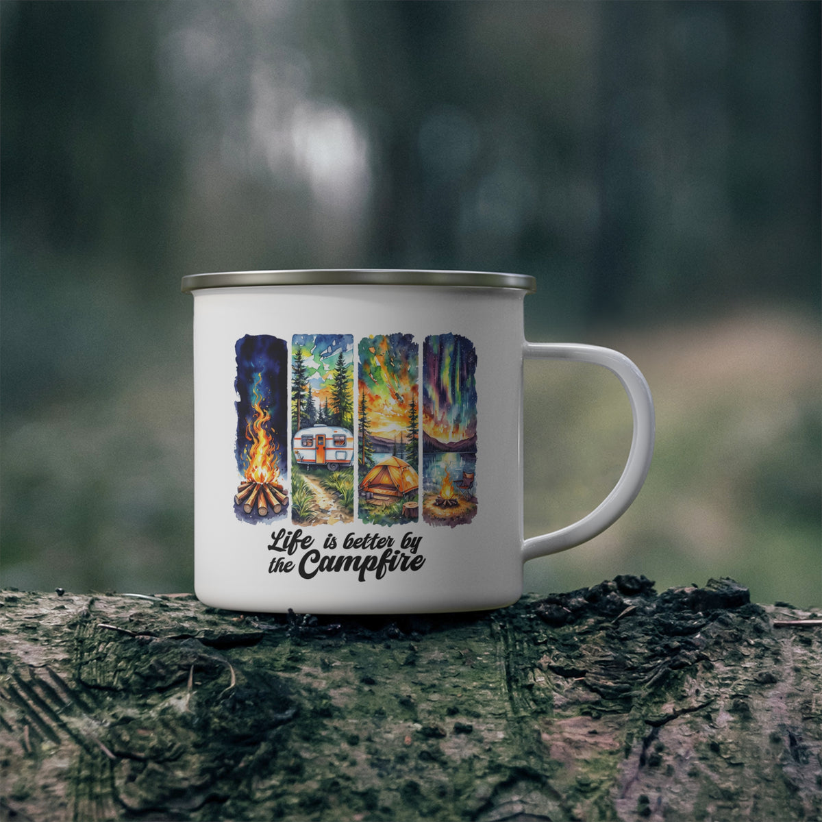 Campfire Enamel Mug - Perfect for Outdoor Adventures, Camping Trips, Hot Beverages, Personalized Gifts, Nature Lovers, Summer Fun!