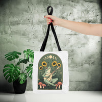 Load image into Gallery viewer, Whimsical Frog Guitarist Tote Bag - Vintage Style Sunflower Mushrooms Moon Phase Design, Music Lover Gift, Boho Chic Shoulder Bag, Nature
