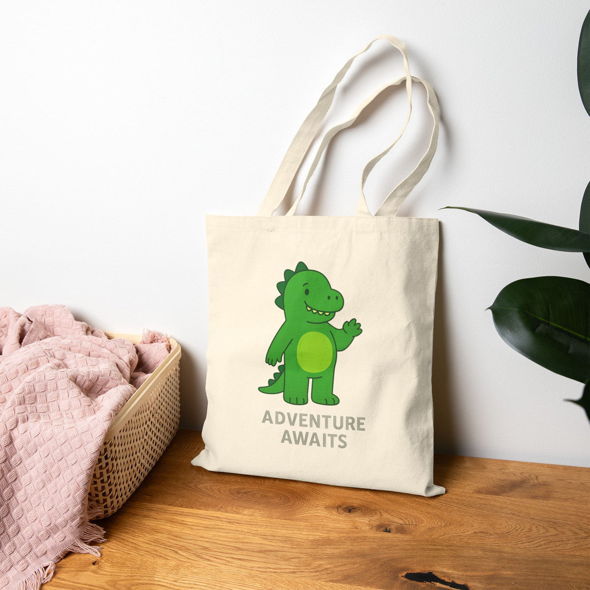 Canvas Tote Bag — Cute Green Dinosaur “Adventure Awaits” Kids Tote