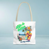 Load image into Gallery viewer, Life is Better in Flip Flops Tote Bag | Beach Lovers Gift, Summer Travel Accessory, Tropical Tote, Fun Vacation Bag, Beach Bag for Women
