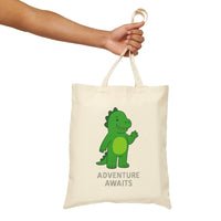 Load image into Gallery viewer, Canvas Tote Bag — Cute Green Dinosaur “Adventure Awaits” Kids Tote
