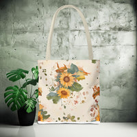 Load image into Gallery viewer, Whimsical Frog Guitarist Tote Bag - Vintage Style Sunflower Mushrooms Moon Phase Design, Music Lover Gift, Boho Chic Shoulder Bag, Nature
