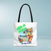 Load image into Gallery viewer, Life is Better in Flip Flops Tote Bag | Beach Lovers Gift, Summer Travel Accessory, Tropical Tote, Fun Vacation Bag, Beach Bag for Women
