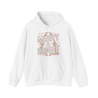Load image into Gallery viewer, Merry &amp; Bright Retro Neon Hoodie - Glittery Christmas Design with Geometric Tree Pattern for Festive Vibes
