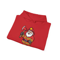 Load image into Gallery viewer, Cheerful Santa Firefighter Hoodie - Whimsical Cartoon Design for Fun &amp; Festive Style
