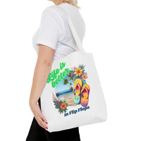 Load image into Gallery viewer, Life is Better in Flip Flops Tote Bag | Beach Lovers Gift, Summer Travel Accessory, Tropical Tote, Fun Vacation Bag, Beach Bag for Women
