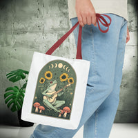 Load image into Gallery viewer, Whimsical Frog Guitarist Tote Bag - Vintage Style Sunflower Mushrooms Moon Phase Design, Music Lover Gift, Boho Chic Shoulder Bag, Nature
