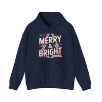 Load image into Gallery viewer, Merry &amp; Bright Retro Neon Hoodie - Glittery Christmas Design with Geometric Tree Pattern for Festive Vibes
