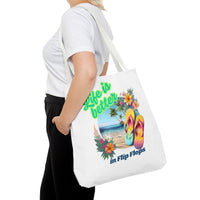 Load image into Gallery viewer, Life is Better in Flip Flops Tote Bag | Beach Lovers Gift, Summer Travel Accessory, Tropical Tote, Fun Vacation Bag, Beach Bag for Women
