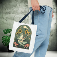 Load image into Gallery viewer, Whimsical Frog Guitarist Tote Bag - Vintage Style Sunflower Mushrooms Moon Phase Design, Music Lover Gift, Boho Chic Shoulder Bag, Nature
