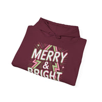 Load image into Gallery viewer, Merry &amp; Bright Retro Neon Hoodie - Glittery Christmas Design with Geometric Tree Pattern for Festive Vibes
