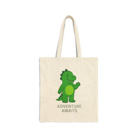 Load image into Gallery viewer, Canvas Tote Bag — Cute Green Dinosaur “Adventure Awaits” Kids Tote
