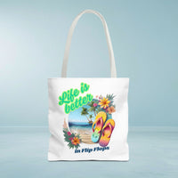 Load image into Gallery viewer, Life is Better in Flip Flops Tote Bag | Beach Lovers Gift, Summer Travel Accessory, Tropical Tote, Fun Vacation Bag, Beach Bag for Women
