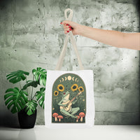 Load image into Gallery viewer, Whimsical Frog Guitarist Tote Bag - Vintage Style Sunflower Mushrooms Moon Phase Design, Music Lover Gift, Boho Chic Shoulder Bag, Nature
