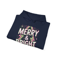 Load image into Gallery viewer, Merry &amp; Bright Retro Neon Hoodie - Glittery Christmas Design with Geometric Tree Pattern for Festive Vibes
