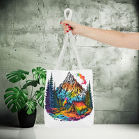 Load image into Gallery viewer, Vibrant Mountain Camping Tote Bag - Outdoor Adventure Travel Carryall, Nature Lover Shoulder Bag, Hiking Gear Tote, Wilderness Explorer

