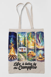 Load image into Gallery viewer, Campfire Tote Bag - Eco-Friendly Canvas Camping Gear, Life is Better by the Campfire, Outdoor Gift &amp; Daily Use Bag for Nature Lovers

